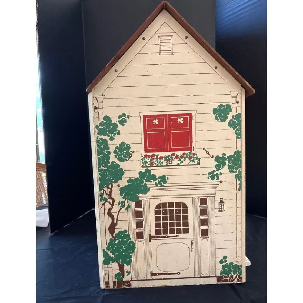 Vintage 2 Story Wooden Dollhouse Litho Exterior Large 24” Mid Century - Picture 4 of 14